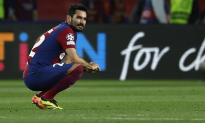 Barcelona's Ilkay Gundogan reacts at the end of the Champions League quarterfinal second leg soccer match between Barcelona and Paris Saint-Germain at the Olimpic Lluis Companys stadium in Barcelona, Spain, Tuesday, April 16, 2024. (AP Photo/Joan Monfort)