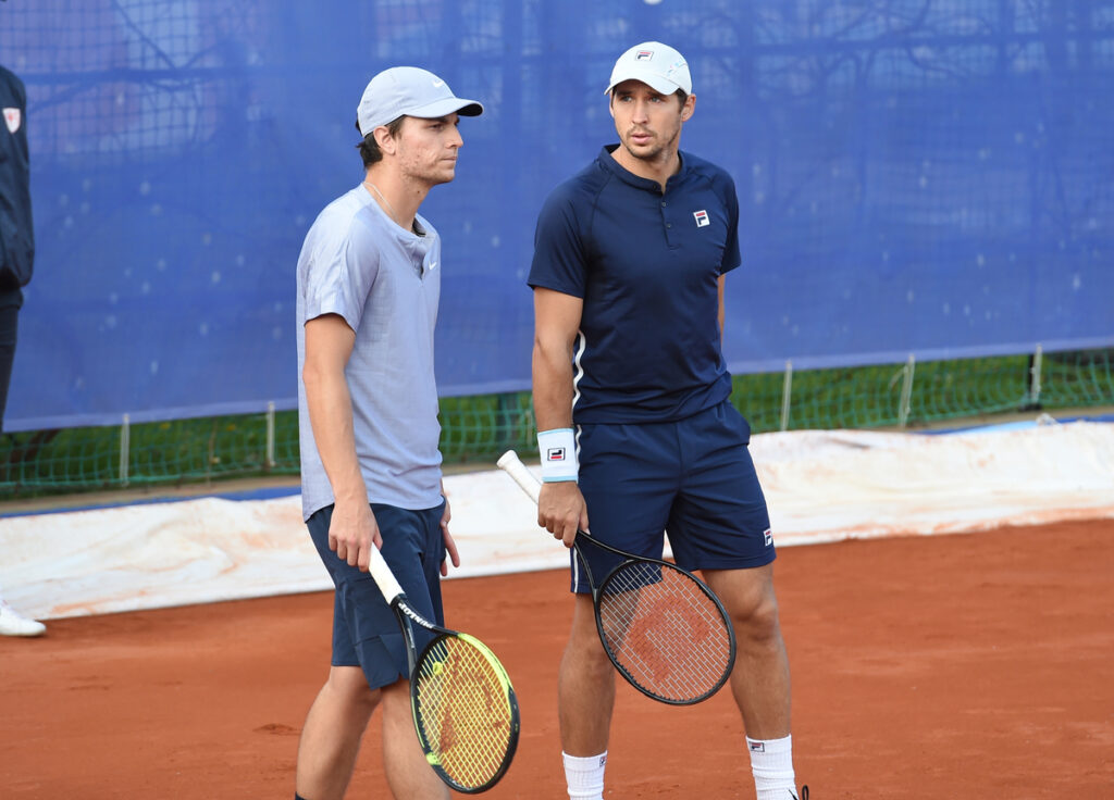 MIOMIR KECMANOVIC i DUSAN LAJOVIC, teniseri Srbije, u dubl mecu na ATP turniru Serbia Open, na terenima SC MGM. Beograd, 21.04.2021. foto: Nebojsa Parausic