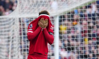 Liverpool's Curtis Jones reacts after missing a scoring chance during the English Premier League soccer match between Liverpool and Crystal Palace at Anfield Stadium in Liverpool, England, Sunday, April 14, 2024. (AP Photo/Jon Super)