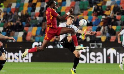 Udinese's Jaka Bijol, right, fights for the ball with Roma's Tammy Abraham during a Serie A soccer match between Udinese and Roma in Udine, northeastern Italy, Thursday, April 25, 2024. (Photo by Andrea Bressanutti/LaPresse via AP)