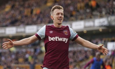 West Ham United's James Ward-Prowse celebrates scoring their second goal of the game during the English Premier League soccer match between West Ham United and Wolverhampton Wanderers at Molineux stadium in Wolverhampton, England, Saturday April 6, 2024. (Mike Egerton/PA via AP)