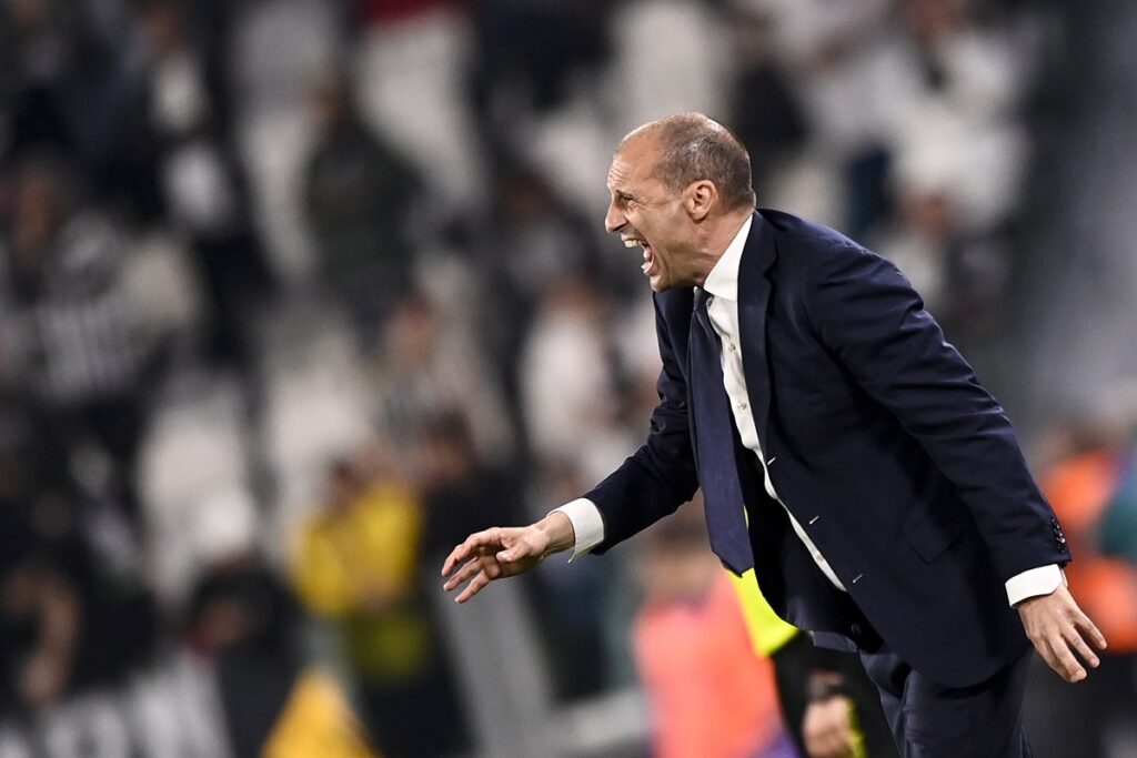 Juventus' head coach Massimiliano Allegri reacts during the Serie A soccer match between Juventus FC and Fiorentina at the Juventus stadium in Turin, Italy, Sunday April 7, 2024. (Fabio Ferrari/LaPresse via AP)