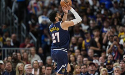 Denver Nuggets guard Jamal Murray goes up for a basket in the second half of Game 5 of an NBA basketball first-round playoff series against the Los Angeles Lakers Monday, April 29, 2024, in Denver. (AP Photo/David Zalubowski)