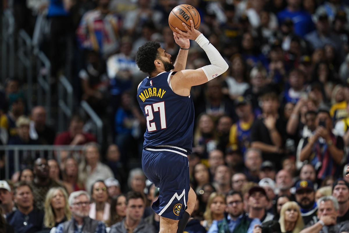 Denver Nuggets guard Jamal Murray goes up for a basket in the second half of Game 5 of an NBA basketball first-round playoff series against the Los Angeles Lakers Monday, April 29, 2024, in Denver. (AP Photo/David Zalubowski)