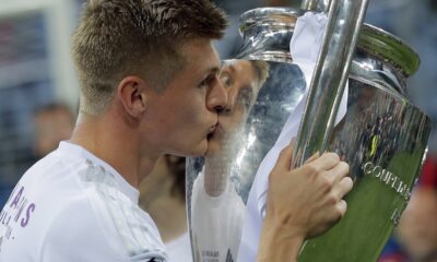 Real Madrid's Toni Kros celebrates with the trophy after the Champions League final soccer match between Real Madrid and Atletico Madrid at the San Siro stadium in Milan, Italy, on May 28, 2016. Real Madrid said the 34-year-old German international “has decided to bring an end to his time as a professional footballer following Euro 2024.” (AP Photo/Manu Fernandez)