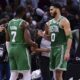 Boston Celtics forward Jayson Tatum (0) congratulates guard Jaylen Brown (7) after they defeated the Cleveland Cavaliers in Game 4 of an NBA basketball second-round playoff series, Monday, May 13, 2024, in Cleveland. (AP Photo/David Dermer)