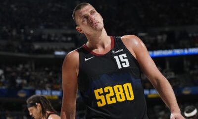 Denver Nuggets center Nikola Jokic reacts after being called for a foul in the second half of Game 7 of an NBA second-round playoff series against the Minnesota Timberwolves Sunday, May 19, 2024, in Denver. (AP Photo/David Zalubowski)