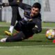 Real Madrid's goalkeeper Thibaut Courtois attends a training session during a Media Opening day in Madrid, Spain, Monday, May 27, 2024. Borussia Dortmund will play against Real Madrid in Saturday's Champions League soccer final in London. (AP Photo/Manu Fernandez)