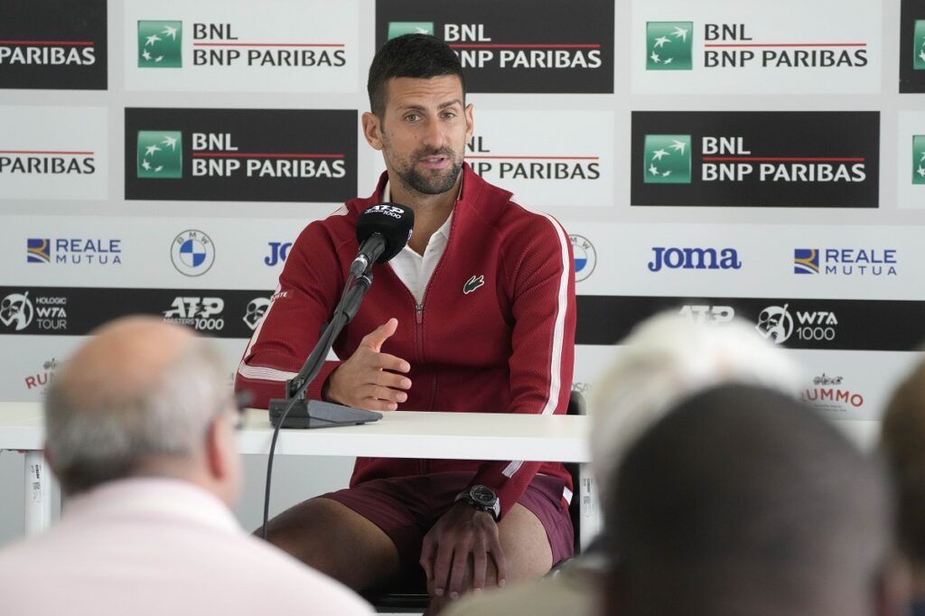 Serbia's Novak Djokovic talks to journalists during a press conference at the Italian Open tennis tournament in Rome, Wednesday, May 8, 2024.(AP Photo/Gregorio Borgia)