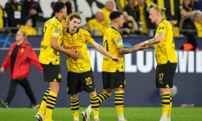 Dortmund's players celebrate after the Champions League semifinal first leg soccer match between Borussia Dortmund and Paris Saint-Germain at the Signal-Iduna Park in Dortmund, Germany, Wednesday, May 1, 2024. (AP Photo/Martin Meissner)