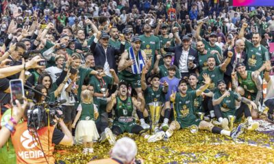 Panathinaikos Athens celebrate with the trophy after winning the Euroleague final round, Final Four, Final between Real Madrid and Panathinaikos Athens at the Uber Arena in Berlin, Sunday May 26, 2024. (Andreas Gora/dpa via AP)