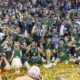 Panathinaikos Athens celebrate with the trophy after winning the Euroleague final round, Final Four, Final between Real Madrid and Panathinaikos Athens at the Uber Arena in Berlin, Sunday May 26, 2024. (Andreas Gora/dpa via AP)