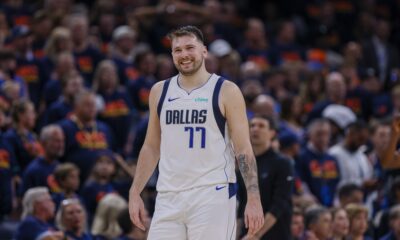 Dallas Mavericks guard Luka Doncic reacts during the second half of Game 5 of an NBA basketball second-round playoff series against the Oklahoma City Thunder, Wednesday, May 15, 2024, in Oklahoma City. The Mavericks won 104-92. (AP Photo/Nate Billings)