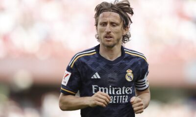 Real Madrid's Luka Modric runs on the pitch during a Spanish La Liga soccer match between Granada FC and Real Madrid at Los Carmanes stadium in Granada, Spain, Saturday, May 11, 2024. (AP Photo/Fermin Rodriguez)