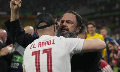 Olympiacos president Evangelos Marinakis celebrates at the end of the Conference League final soccer match between Olympiacos FC and ACF Fiorentina at OPAP Arena in Athens, Greece, Thursday, May 30, 2024. Olympiacos won 1-0. (AP Photo/Thanassis Stavrakis)