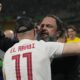 Olympiacos president Evangelos Marinakis celebrates at the end of the Conference League final soccer match between Olympiacos FC and ACF Fiorentina at OPAP Arena in Athens, Greece, Thursday, May 30, 2024. Olympiacos won 1-0. (AP Photo/Thanassis Stavrakis)