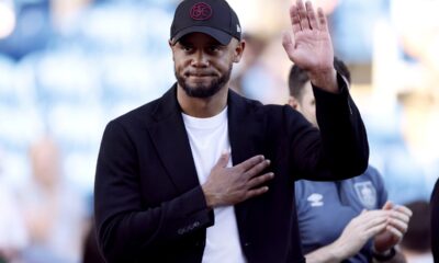 Burnley manager Vincent Kompany gestures, during the English Premier League soccer match between Burnley and Nottingham Forest, at Turf Moor, in Burnley, England, Sunday, May 19, 2024. (Richard Sellers/PA via AP)