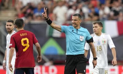 FILE - Referee Slavko Vincic during the Nations League semifinal soccer match between the Spain and Italy at De Grolsch Veste stadium in Enschede, eastern Netherlands, on June 15, 2023. The referee for the Champions League final between Real Madrid and Borussia Dortmund will be Slavko Vinčić of Slovenia, UEFA said Monday May 13, 2024. (AP Photo/Martin Meissner, File)