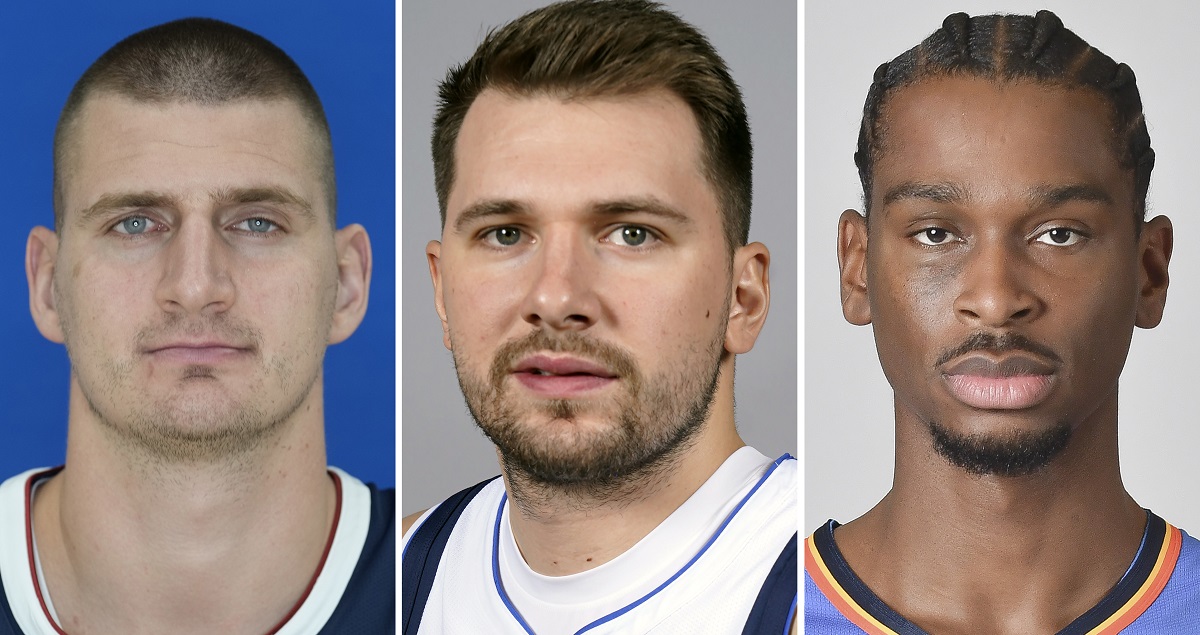 FILE - From left are Denver Nuggets center Nikola Jokic, Dallas Mavericks guard Luka Doncic and Oklahoma City Thunder guard Shai Gilgeous-Alexander in 2023. Jokic, Doncic and Gilgeous-Alexander are the three finalists for the NBA MVP Award that will be announced Wednesday, May 8, 2024. (AP Photo/File)