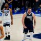Dallas Mavericks guard Luka Doncic (77) celebrates a play against the Minnesota Timberwolves during the second half in Game 3 of the NBA basketball Western Conference finals, Sunday, May 26, 2024, in Dallas. (AP Photo/Gareth Patterson)