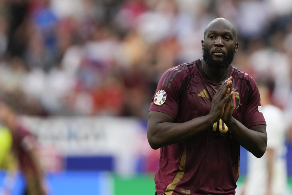 Belgium's Romelu Lukaku gestures on the pitch during a Group E match between Belgium and Slovakia at the Euro 2024 soccer tournament in Frankfurt, Germany, Monday, June 17, 2024. (AP Photo/Darko Vojinovic)