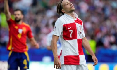 Croatia's Lovro Majer reacts during a Group B match between Spain and Croatia at the Euro 2024 soccer tournament in Berlin, Germany, Saturday, June 15, 2024. (AP Photo/Ebrahim Noroozi)