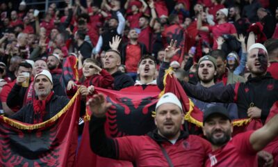 Albania fans cheer prior to the Group B match between Italy and Albania at the Euro 2024 soccer tournament in Dortmund, Germany, Saturday, June 15, 2024. (AP Photo/Alessandra Tarantino)