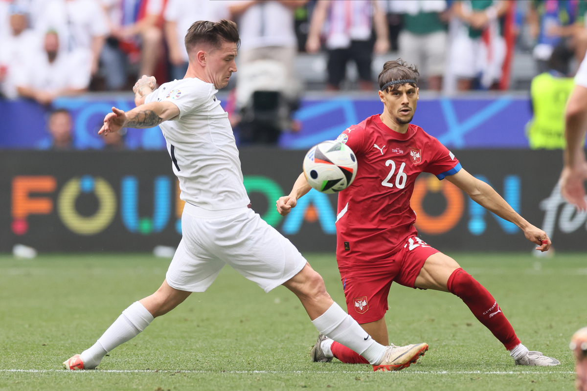 VELJKO BIRMANCEVIC fudbaler reprezentacije Srbije na utakmici UEFA Evropskog prvenstva 2024 godine protiv Slovenije na stadionu Minhen fudbal arena, Minhen, 20.06.2024. godine Foto: Marko Metlas Fudbal, Reprezentacija, Srbija, UEFA Evropsko prvenstvo, EURO 2024, Slovenija