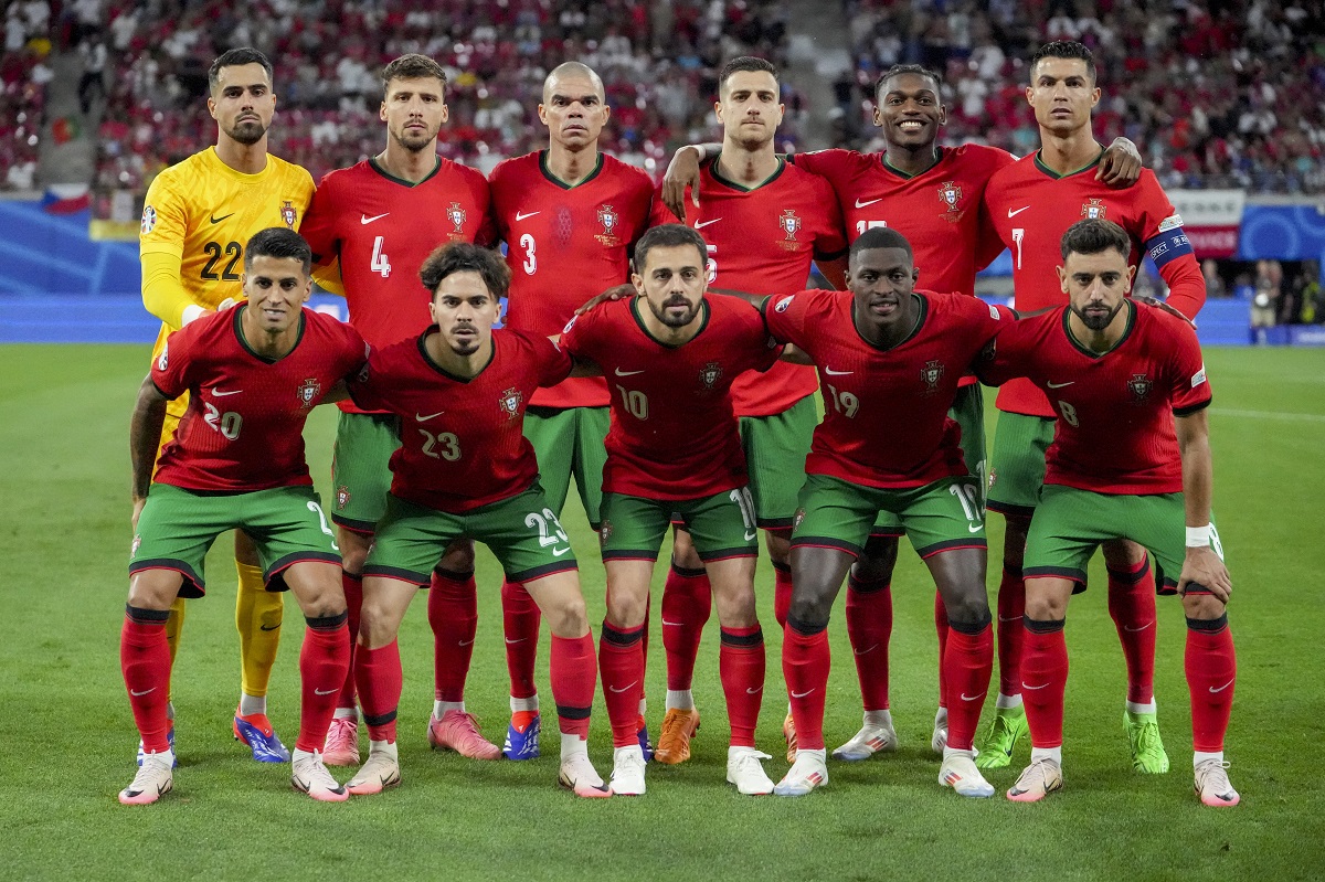 Team Portugal prior to a Group F match between Portugal and Czech Republic at the Euro 2024 soccer tournament in Leipzig, Germany, Tuesday, June 18, 2024. (AP Photo/Sunday Alamba)