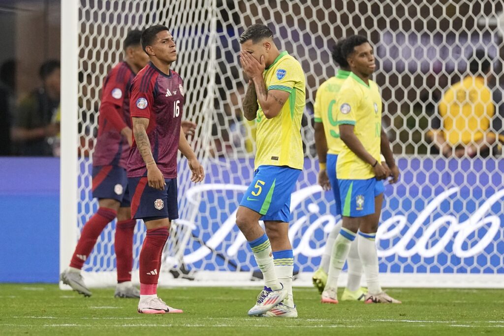 Brazil's Bruno Guimaraes (5) reacts to a missed scoring chance during a Copa America Group D soccer match against Costa Rica, Monday, June 24, 2024, in Inglewood, Calif. (AP Photo/Mark J. Terrill)