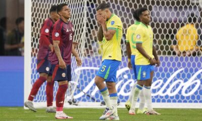 Brazil's Bruno Guimaraes (5) reacts to a missed scoring chance during a Copa America Group D soccer match against Costa Rica, Monday, June 24, 2024, in Inglewood, Calif. (AP Photo/Mark J. Terrill)