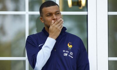 French soccer player Kylian Mbappe gestures at the national soccer team training center in Clairefontaine, west of Paris, Monday, June 3, 2024 ahead of the UEFA Euro 2024. (Sarah Meyssonnier/Pool Photo via AP)