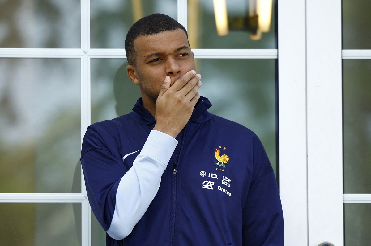 French soccer player Kylian Mbappe gestures at the national soccer team training center in Clairefontaine, west of Paris, Monday, June 3, 2024 ahead of the UEFA Euro 2024. (Sarah Meyssonnier/Pool Photo via AP)