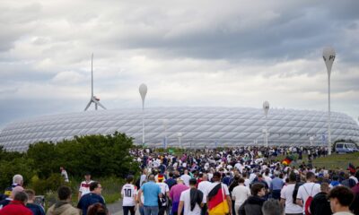 Germany's soccer team fans arrive at the stadium before a Group A match between Germany and Scotland at the Euro 2024 soccer tournament in Munich, Germany, Friday, June 14, 2024. (AP Photo/Markus Schreiber)