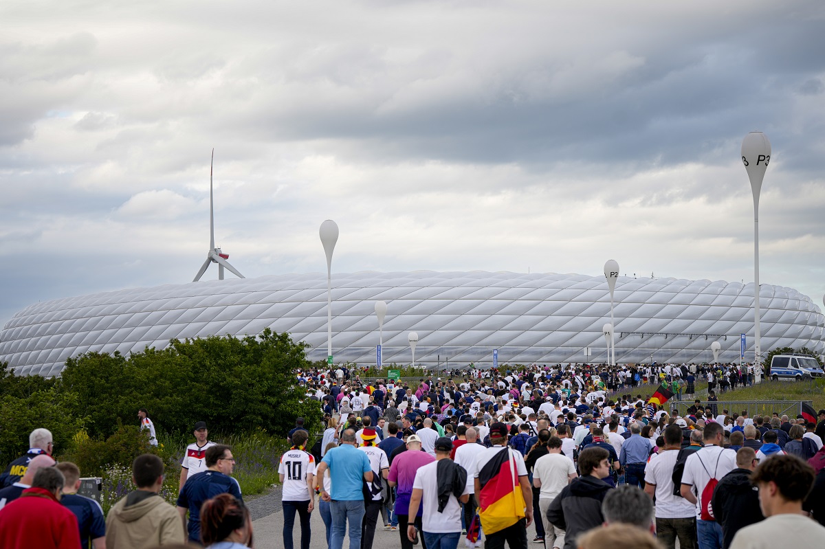 Germany's soccer team fans arrive at the stadium before a Group A match between Germany and Scotland at the Euro 2024 soccer tournament in Munich, Germany, Friday, June 14, 2024. (AP Photo/Markus Schreiber)