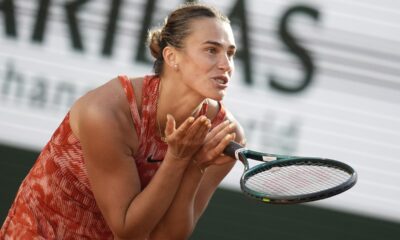 Aryna Sabalenka of Belarus reacts after missing a shot against Russia's Mirra Andreeva during their quarterfinal match of the French Open tennis tournament at the Roland Garros stadium in Paris, Wednesday, June 5, 2024. (AP Photo/Christophe Ena)
