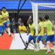 Brazil's Marquinhos, second left, celebrates with teammate Rodrygo a goal that was later disallowed by a VAR decision for offside during a Copa America Group D soccer match against Costa Rica Monday, June 24, 2024 in Inglewood, Calif. (AP Photo/Ryan Sun)