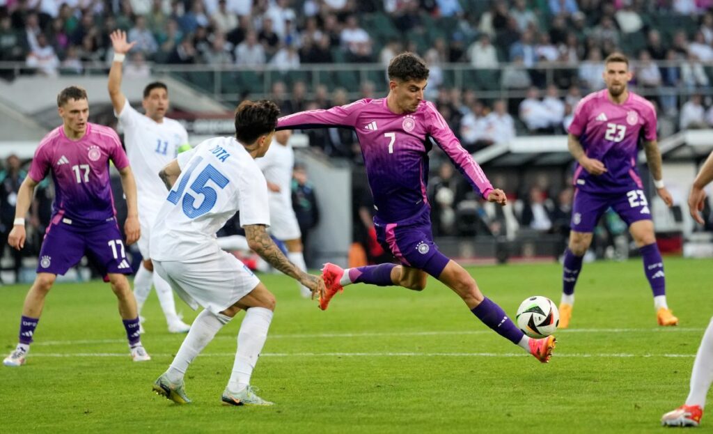 Germany's Kai Havertz controls the ball during the international friendly soccer match between Germany and Greece at the Borussia Park in Moenchengladbach, Germany, Friday, June 7, 20204. (AP Photo/Martin Meissner)