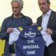 Portuguese soccer coach Jose Mourinho, left, poses for the media with Fenerbahce President Ali Koc during his official presentation as Fenerbahce new coach at Sukru Saracoglu stadium in Istanbul, Turkey, Sunday, June 2, 2024. Mourinho has signed a two-year contract with Fenerbahce. (AP Photo)