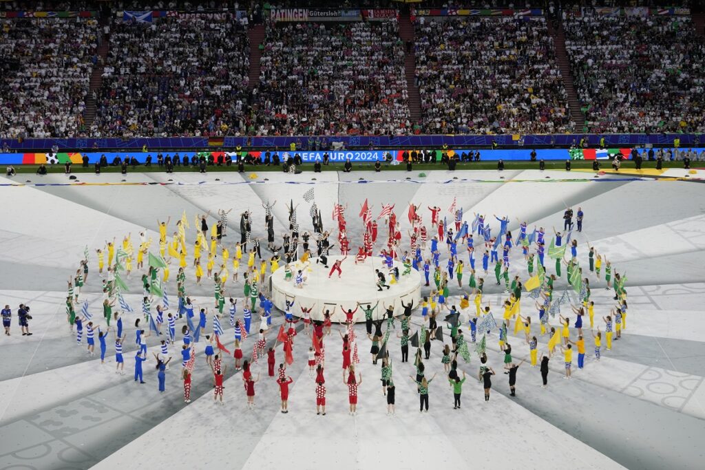 Dancers perform during the opening ceremony ahead of the Group A match between Germany and Scotland at the Euro 2024 soccer tournament in Munich, Germany, Friday, June 14, 2024. (AP Photo/Sergei Grits)