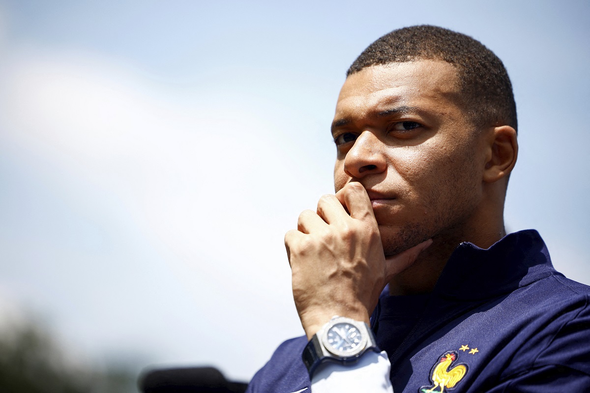 French soccer player Kylian Mbappe gestures at the national soccer team training center in Clairefontaine, west of Paris, Monday, June 3, 2024 ahead of the UEFA Euro 2024. (Sarah Meyssonnier/Pool Photo via AP)
