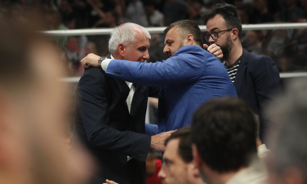 Željko Obradović i predsednik Crvene zvezde, Željko Drčelić tokom prekida utakmice finala KLS KOSARKA, BASKETBALL, KLS, SUPERLIGA, PRVENSTVO SRBIJE, NATIONAL CHAMPIONSHIP, PARTIZAN, CRVENA ZVEZDA