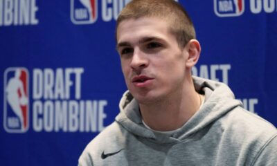 FILE - Nikola Djurisic talks to media during the NBA basketball draft combine in Chicago, on May 14, 2024. (AP Photo/Nam Y. Huh, File)
