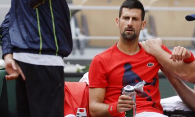 Serbia's Novak Djokovic attends a training session before his fourth round match of the French Open tennis tournament against Argentina's Francisco Cerundolo at the Roland Garros stadium in Paris, Monday, June 3, 2024. (AP Photo/Jean-Francois Badias)
