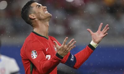APTOPIX Portugal's Cristiano Ronaldo gestures during a Group F match between Portugal and Czech Republic at the Euro 2024 soccer tournament in Leipzig, Germany, Tuesday, June 18, 2024. (Robert Michael/dpa via AP)