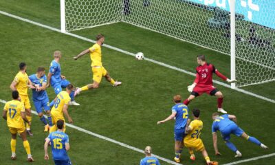 Romania's Razvan Marin scores the second goal against Ukraine during a Group E match between Romania and Ukraine at the Euro 2024 soccer tournament in Munich, Germany, Monday, June 17, 2024. (AP Photo/Ariel Schalit)