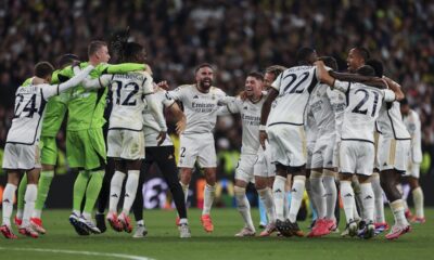 Real Madrid players at the end of the Champions League final soccer match between Borussia Dortmund and Real Madrid at Wembley stadium in London, Saturday, June 1, 2024. Real Madrid won 2-0. (AP Photo/Ian Walton)