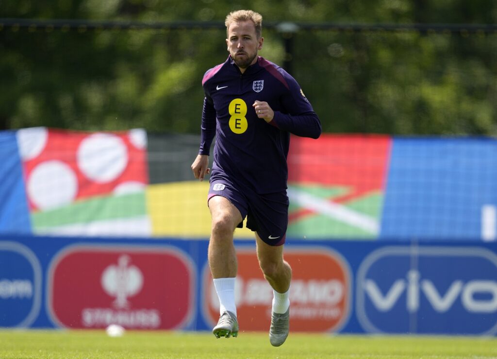 England's Harry Kane practices during a training session in Blankenhain, Germany, Thursday, June 13, 2024 ahead of their Group C soccer match against Serbia at the Euro 2024 soccer tournament. (AP Photo/Thanassis Stavrakis)