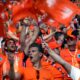 Fans cheer their Netherlands team prior a quarterfinal match between the Netherlands and Turkey at the Euro 2024 soccer tournament in Berlin, Germany, Saturday, July 6, 2024. (AP Photo/Ebrahim Noroozi)