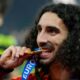 Spain's Marc Cucurella celebrates after winning the final match between Spain and England at the Euro 2024 soccer tournament in Berlin, Germany, Sunday, July 14, 2024. (AP Photo/Matthias Schrader)